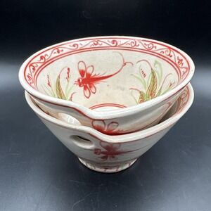 Vietnamese Art Pottery Rice‎ Bowls Bat Trang Dragonfly Red Cream Vintage Set 2